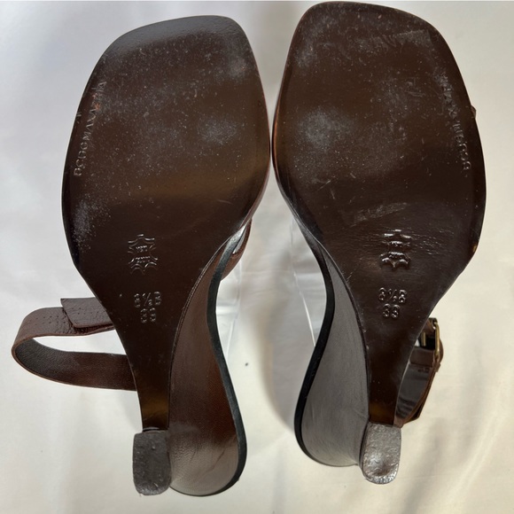 BCBGMaxAzria Brown Leather Strappy Ankle Strap 4” Wedge Sandals Size 8.5 39 - Picture 12 of 15